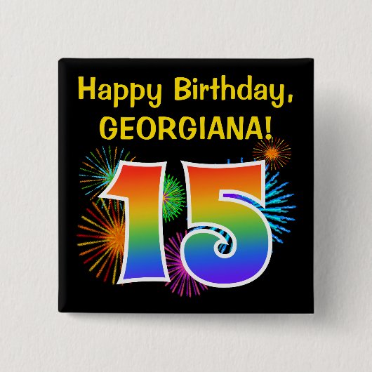 おもしろい花火+レインボーパターン「15」誕生日番号 缶バッジ (正面)