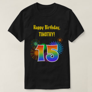 おもしろい花火+レインボーパターン「15」誕生日番号 Tシャツ
