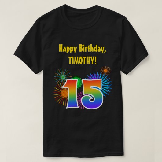 おもしろい花火+レインボーパターン「15」誕生日番号 Tシャツ (デザイン正面)
