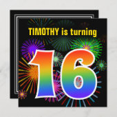 おもしろい花火+レインボーパターン「16」誕生日番号 招待状 (正面/裏面)