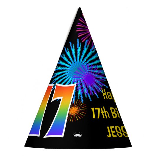 おもしろい花火+レインボーパターン「17」誕生日番号 パーティーハット (左)