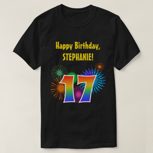おもしろい花火+レインボーパターン「17」誕生日番号 Tシャツ (デザイン正面)