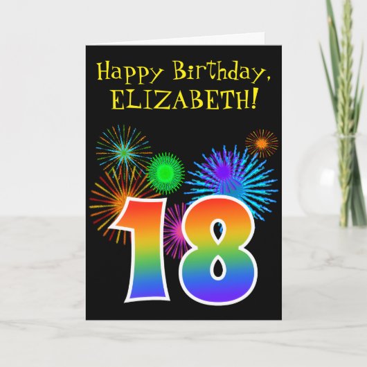 おもしろい花火+レインボーパターン「18」誕生日番号 カード (正面)