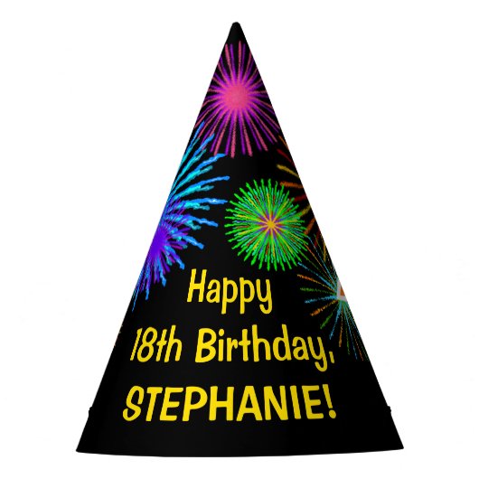 おもしろい花火+レインボーパターン「18」誕生日番号 パーティーハット (正面)
