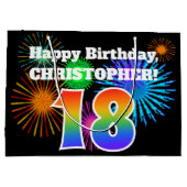 おもしろい花火+レインボーパターン「18」誕生日番号 ラージペーパーバッグ (裏面)