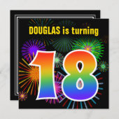 おもしろい花火+レインボーパターン「18」誕生日番号 招待状 (正面/裏面)