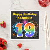 おもしろい花火+レインボーパターン「19」誕生日番号 スタンダードランチョンナプキン (インサイチュ)