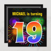 おもしろい花火+レインボーパターン「19」誕生日番号 招待状 (正面/裏面)