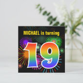 おもしろい花火+レインボーパターン「19」誕生日番号 招待状 (スタンド正面)