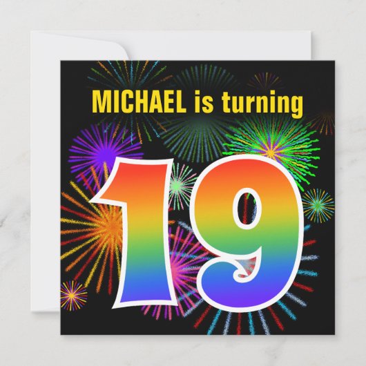 おもしろい花火+レインボーパターン「19」誕生日番号 招待状 (正面)