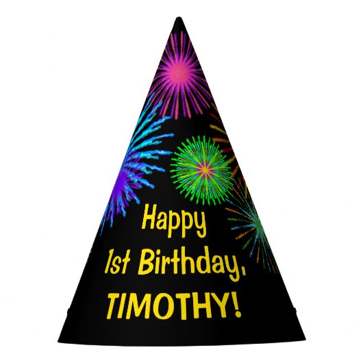 おもしろい花火+レインボーパターン"1"誕生日番号 パーティーハット (正面)