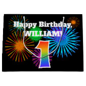 おもしろい花火+レインボーパターン"1"誕生日番号 ラージペーパーバッグ (正面)