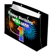 おもしろい花火+レインボーパターン"1"誕生日番号 ラージペーパーバッグ (正面アングル)