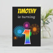 おもしろい花火+レインボーパターン"1"誕生日番号 招待状 (スタンド正面)