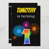 おもしろい花火+レインボーパターン"1"誕生日番号 招待状 (正面/裏面)