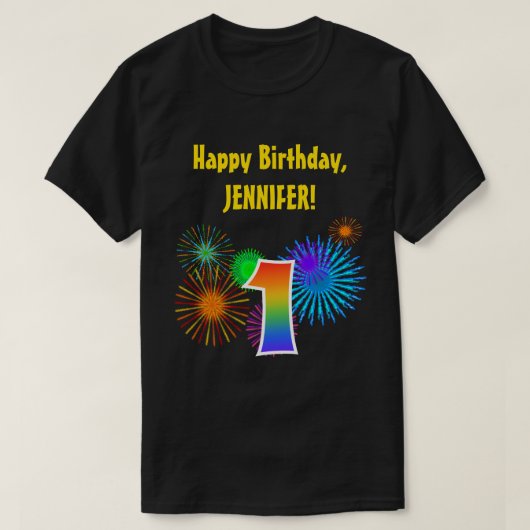 おもしろい花火+レインボーパターン"1"誕生日番号 Tシャツ (デザイン正面)