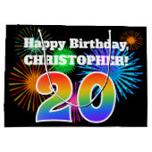 おもしろい花火+レインボーパターン「20」誕生日番号 ラージペーパーバッグ (裏面)