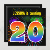 おもしろい花火+レインボーパターン「20」誕生日番号 招待状 (正面/裏面)