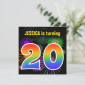 おもしろい花火+レインボーパターン「20」誕生日番号 招待状 (スタンド正面)