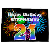 おもしろい花火+レインボーパターン「21」誕生日番号 ラージペーパーバッグ (裏面)