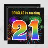 おもしろい花火+レインボーパターン「21」誕生日番号 招待状 (正面/裏面)