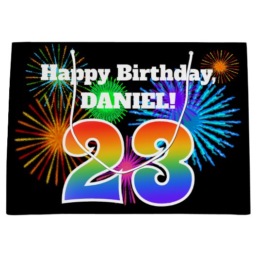 おもしろい花火+レインボーパターン「23」誕生日番号 ラージペーパーバッグ (正面)