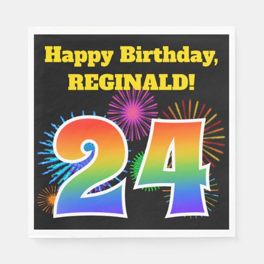 おもしろい花火+レインボーパターン「24」誕生日番号 スタンダードランチョンナプキン (正面)