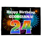 おもしろい花火+レインボーパターン「24」誕生日番号 ラージペーパーバッグ (裏面)