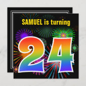 おもしろい花火+レインボーパターン「24」誕生日番号 招待状 (正面/裏面)