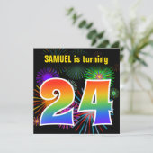 おもしろい花火+レインボーパターン「24」誕生日番号 招待状 (スタンド正面)
