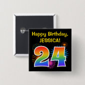 おもしろい花火+レインボーパターン「24」誕生日番号 缶バッジ (正面&裏面)