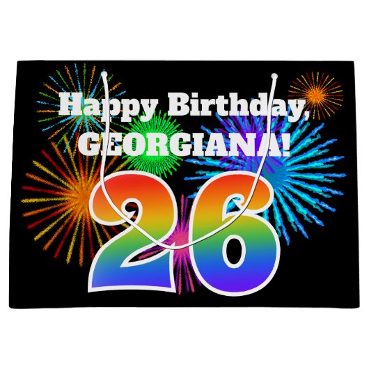 おもしろい花火+レインボーパターン「26」誕生日番号 ラージペーパーバッグ (正面)