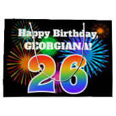 おもしろい花火+レインボーパターン「26」誕生日番号 ラージペーパーバッグ (裏面)