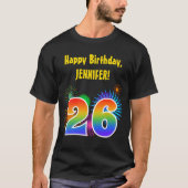 おもしろい花火+レインボーパターン「26」誕生日番号 Tシャツ (正面)