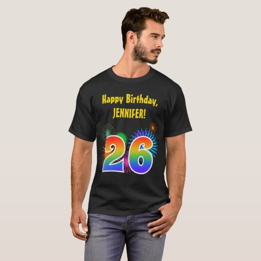 おもしろい花火+レインボーパターン「26」誕生日番号 Tシャツ (正面フル)