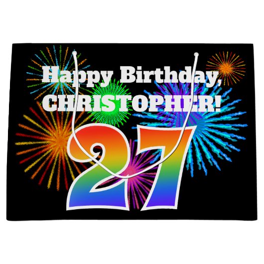 おもしろい花火+レインボーパターン「27」誕生日番号 ラージペーパーバッグ (正面)