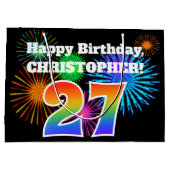 おもしろい花火+レインボーパターン「27」誕生日番号 ラージペーパーバッグ (裏面)