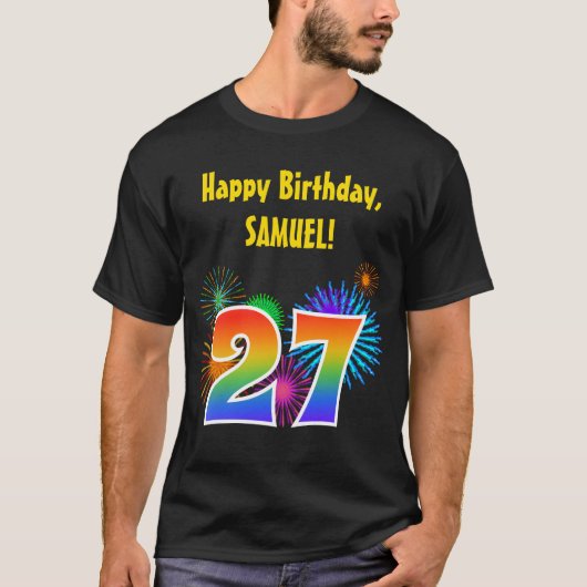 おもしろい花火+レインボーパターン「27」誕生日番号 Tシャツ (正面)