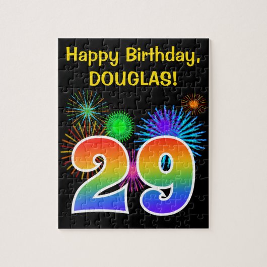 おもしろい花火+レインボーパターン「29」誕生日番号 ジグソーパズル (縦)