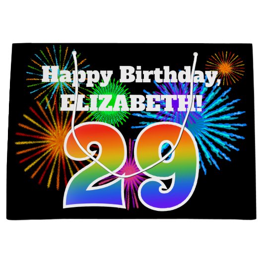 おもしろい花火+レインボーパターン「29」誕生日番号 ラージペーパーバッグ (正面)