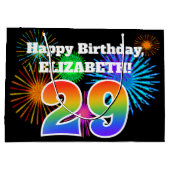 おもしろい花火+レインボーパターン「29」誕生日番号 ラージペーパーバッグ (裏面)