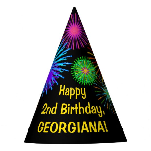 おもしろい花火+レインボーパターン「2」誕生日番号 パーティーハット (正面)
