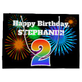 おもしろい花火+レインボーパターン「2」誕生日番号 ラージペーパーバッグ (裏面)