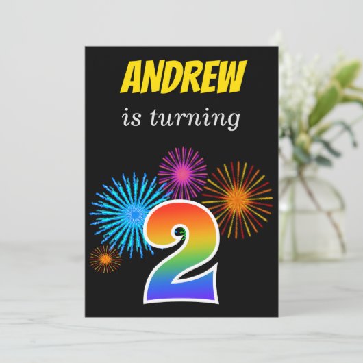 おもしろい花火+レインボーパターン「2」誕生日番号 招待状 (スタンド正面)