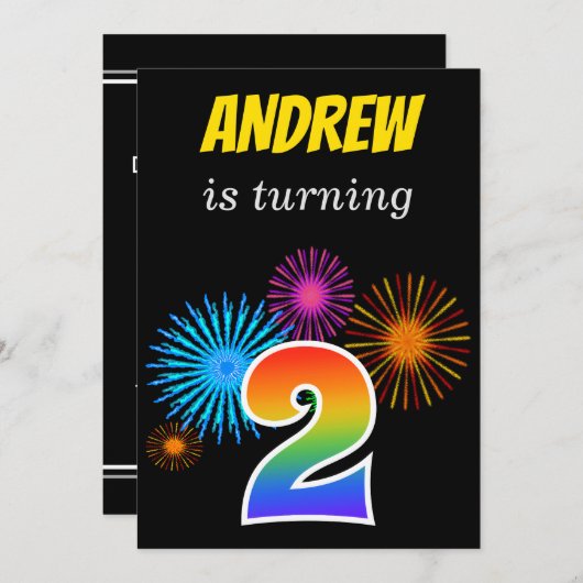 おもしろい花火+レインボーパターン「2」誕生日番号 招待状 (正面/裏面)