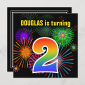 おもしろい花火+レインボーパターン「2」誕生日番号 招待状 (正面/裏面)
