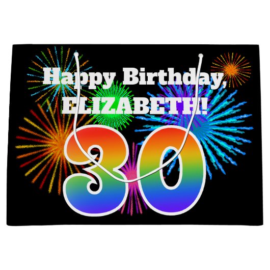 おもしろい花火+レインボーパターン「30」誕生日番号 ラージペーパーバッグ (正面)