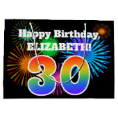 おもしろい花火+レインボーパターン「30」誕生日番号 ラージペーパーバッグ (裏面)