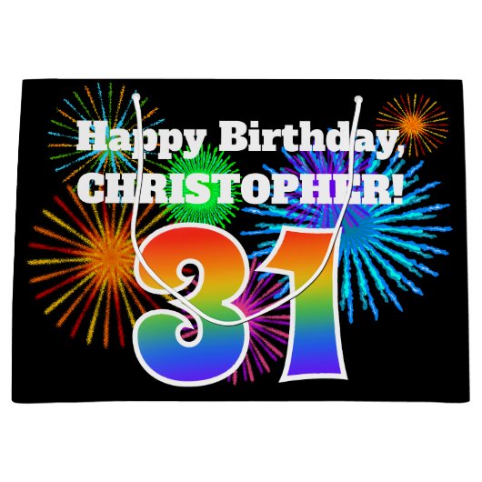 おもしろい花火+レインボーパターン「31」誕生日番号 ラージペーパーバッグ (正面)