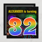 おもしろい花火+レインボーパターン「32」誕生日番号 招待状 (正面/裏面)